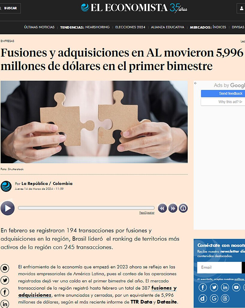 Fusiones y adquisiciones en AL movieron 5,996 millones de dlares en el primer bimestre